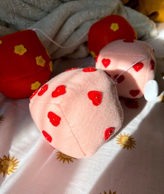 Oversized Pastel Pink Fuzzy Dice with Red Hearts, Car Accessories
